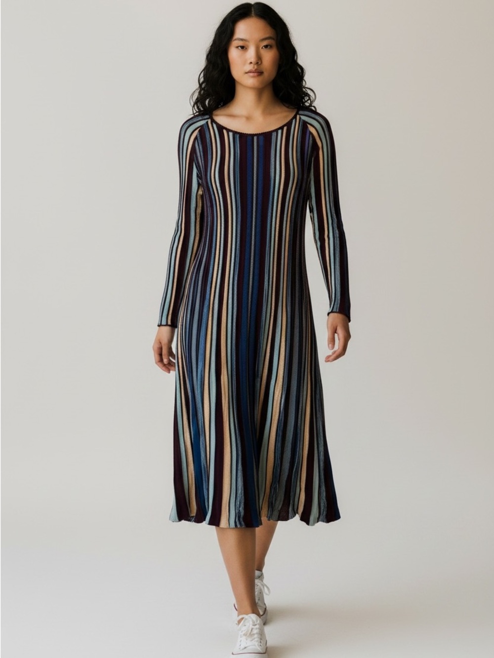 Anthropologie Moth Striped Long-Sleeve Midi Dress in Navy, Cream & Tan Multi